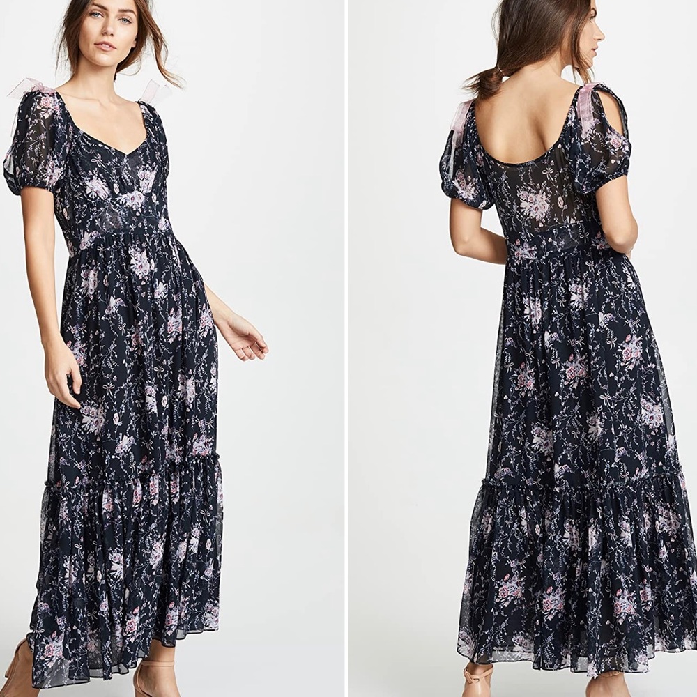 LoveShackFancy Black Floral Maxi Dress with Pink Floral Print